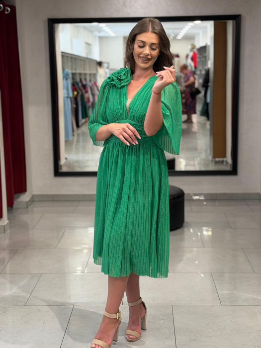 Rochie verde sidefat cu decor de floare [6]