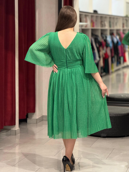 Rochie verde sidefat cu decor de floare [4]
