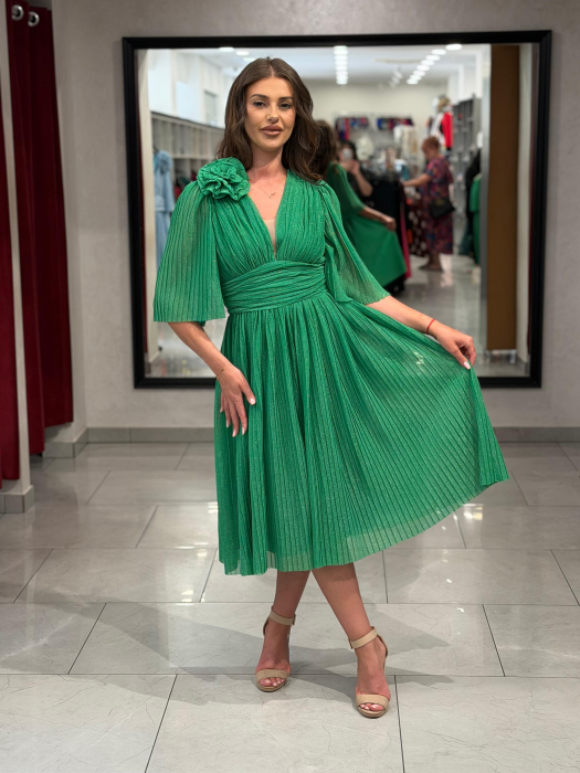 Rochie verde sidefat cu decor de floare [8]