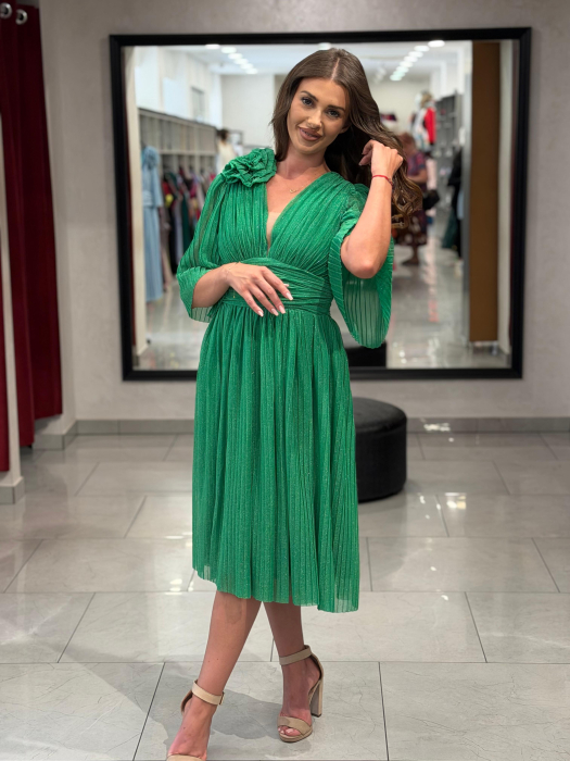 Rochie verde sidefat cu decor de floare [5]