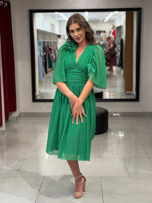 Rochie verde sidefat cu decor de floare [7]