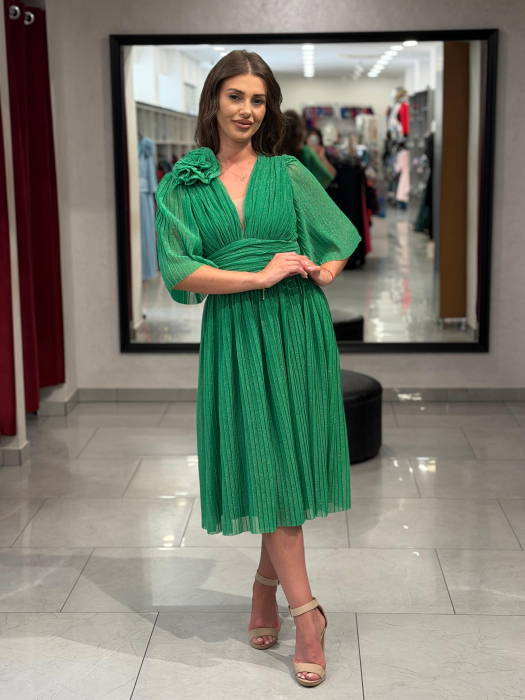 Rochie verde sidefat cu decor de floare [3]