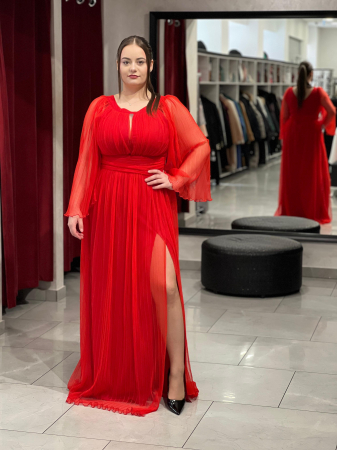 Rochie lunga rosie pliseu 4235