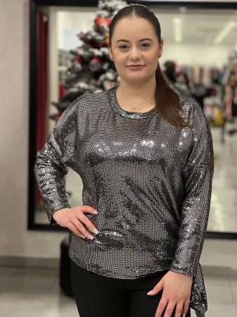 Noutati - Bluză argintie marime universala cu paiete și accesoriu lateral cu fundă
