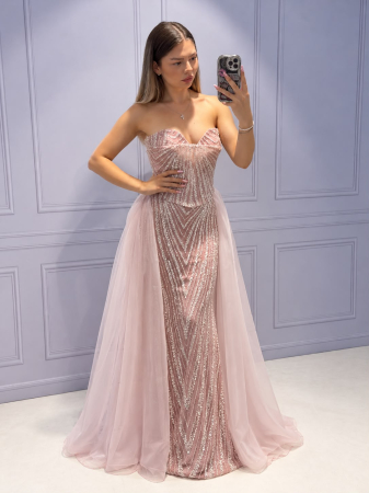 Imbracaminte femei - Rochie roz Genevieve cu trena si corset detasabil