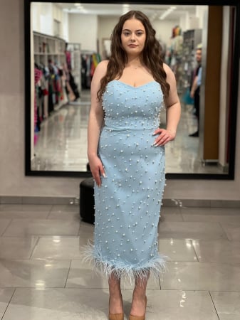 Rochie baby blue midi cu perle si pene [1]