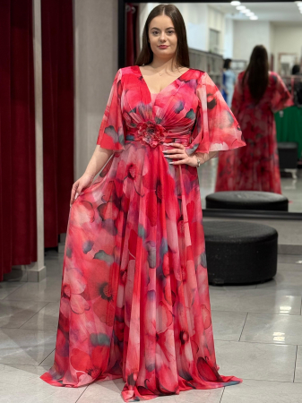 Rochii de seara lungi - Rochie lunga rosie cu flori