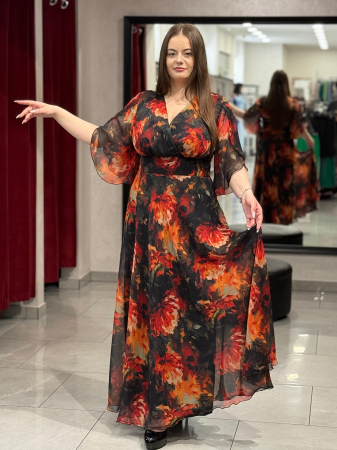 Rochii de seara lungi - Rochie lunga neagra cu model floral rosu