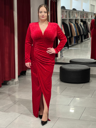 Rochii de seara scurte - Rochie lunga rosie catifea glitter 4425