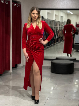 Imbracaminte femei - Rochie lunga rosie catifea glitter 4425