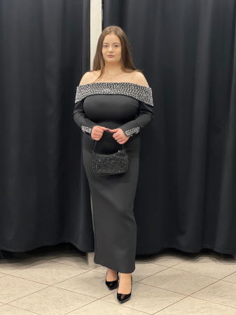 Rochii de seara - Rochie midi neagra cu maneci 9392