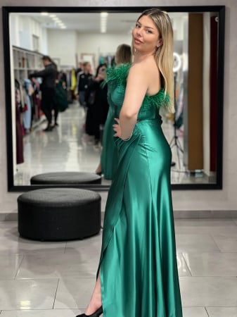 Rochie lunga verde lurex si pene [3]