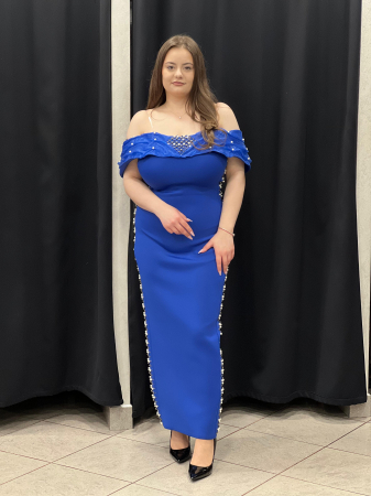 Rochii de seara - Rochie midi albastra cu decor de perle 2635