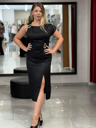 Rochie neagra satinata cu decor auriu