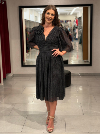 Rochii de seara scurte - Rochie negru sidefat cu decor de floare
