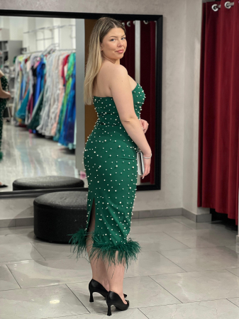 Rochie verde midi cu perle si pene [2]