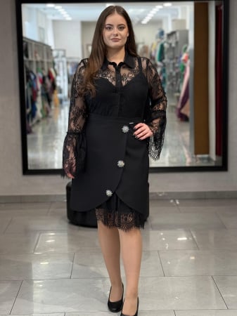 Rochii de seara scurte - Rochie neagra dantela cu maneci 836