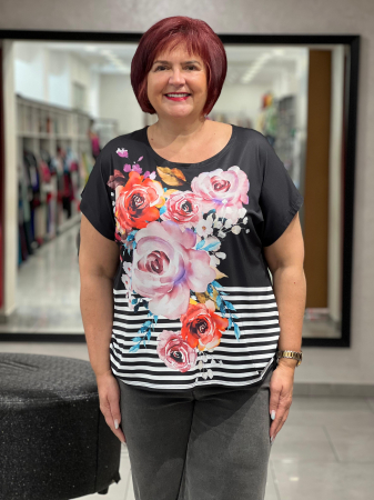 Tricou Emi negru cu model floral si dungi