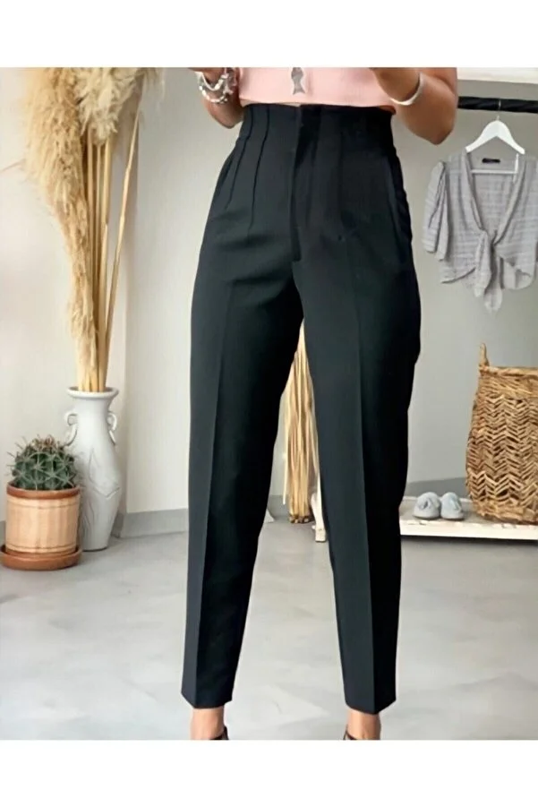 Pantaloni Femei - Pantaloni negri evazați subțiri cu talie înaltă