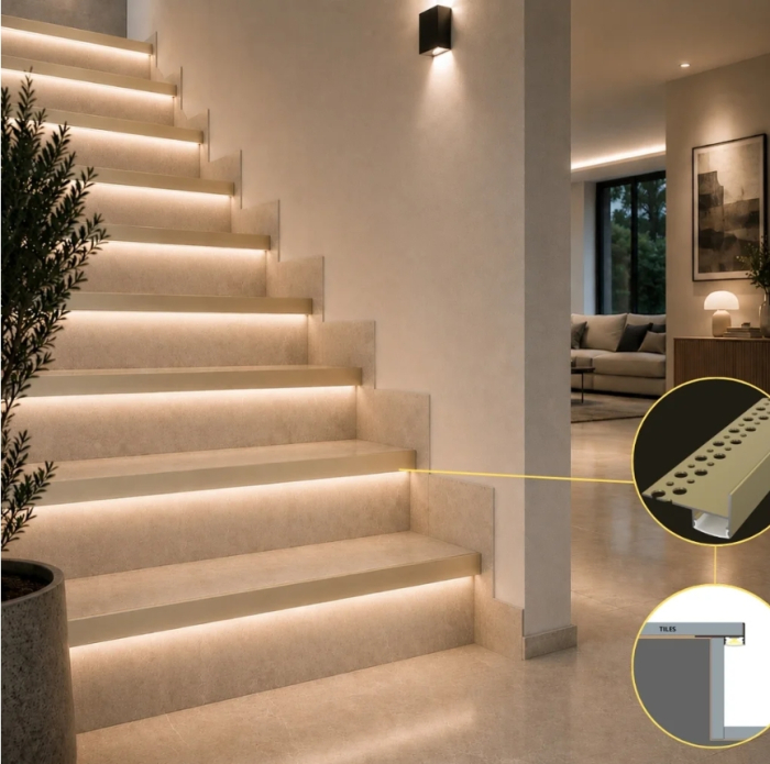 Profil LED pentru trepte TILE-EDGE CHAMPAGNE din aluminiu, 2 m – dispersor opal [5]
