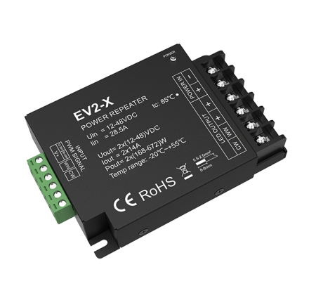 Amplificator LED - Amplificator semnal LED PWM 2 Canale EV2-X, 12-48V DC, 2×14A, 672W/canal, pentru benzi LED CCT