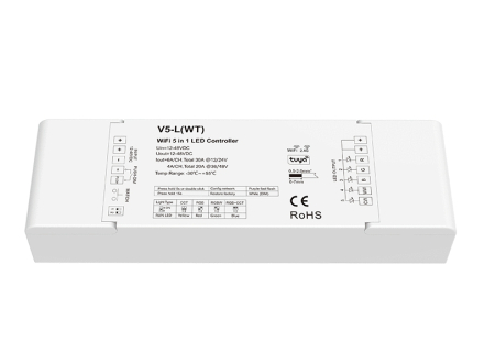 Sistem de control RF Mono - Controler LED WiFi + RF V5-L(WT), 5 în 1, 12-48V DC, 5 Canale, Compatibil Tuya Smart, Alexa și Google Assistant