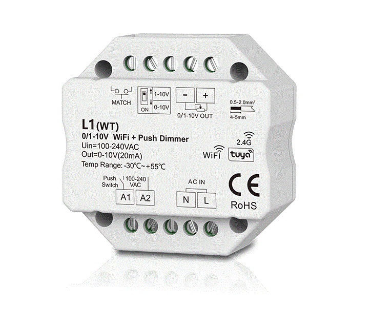Serie dimmere 0–10V și 1–10V - Dimmer smart 0–10V / 1–10V WiFi + RF, 1 canal, 100–240V AC – L1(WT)