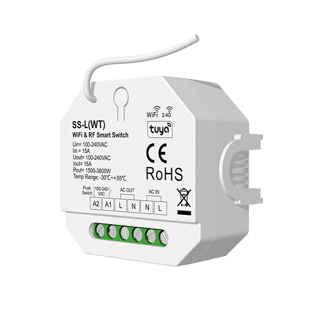 Serie întrerupătoare inteligente AC - Întrerupător smart WiFi + RF 100–240V AC, 1 canal 15A – SS-L(WT)