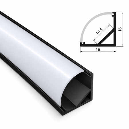 Profile LED de Colț - Profil LED de 2m Colt 2 Negru LP202B + dispersor opal