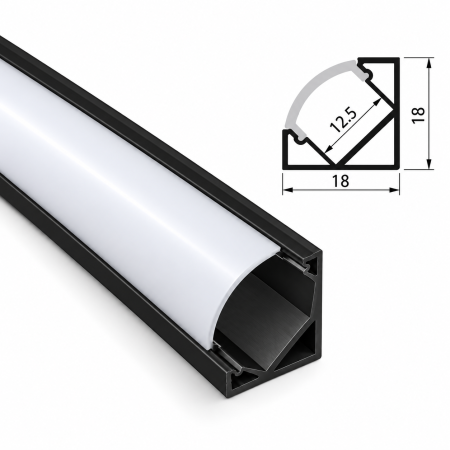 Profile LED de Colț - Profile LED P201B Aluminiu Negru 2M + dispersor opal