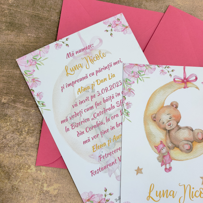 Invitatie botez URSULET SI LUNA, roz, fetita - cu plic roz, cod: B120 [3]