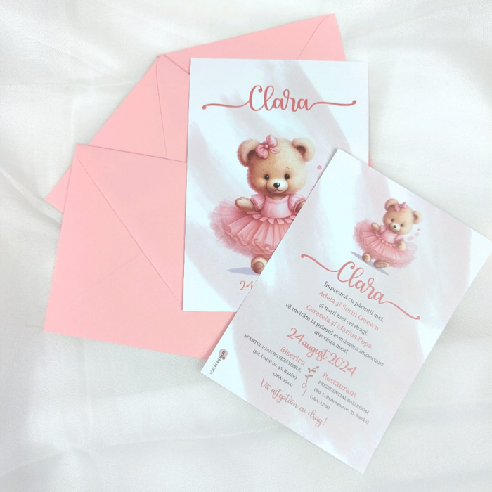 Invitatie botez URSULET CU TUTU, cu plic roz - cod: B105 [2]