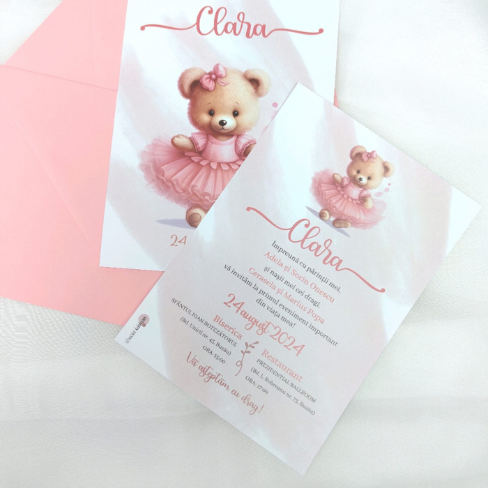 Invitatie botez URSULET CU TUTU, cu plic roz - cod: B105 [3]