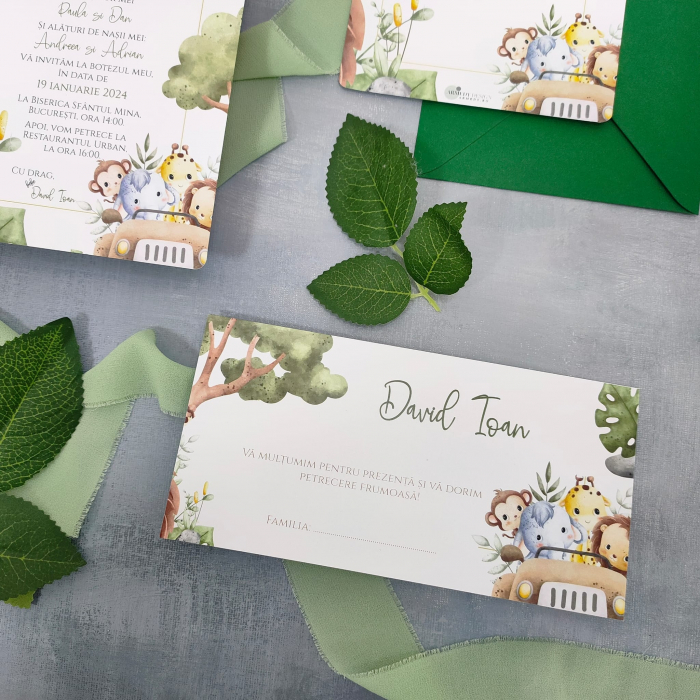 Invitatie botez SAFARI, baietel - cu plic verde cod: B128 [2]