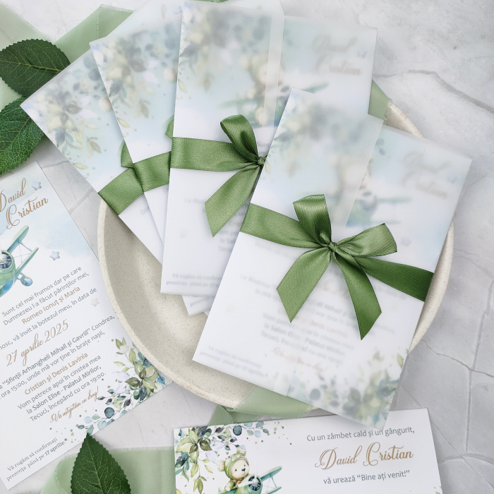Invitatie botez URSULET AVIATOR, baietel - cu foaie de calc si funda, cod: B123 [2]
