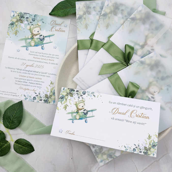 Invitatie botez URSULET AVIATOR, baietel - cu foaie de calc si funda, cod: B123 [4]