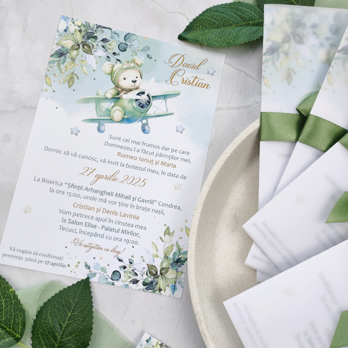 Invitatie botez URSULET AVIATOR, baietel - cu foaie de calc si funda, cod: B123 [3]