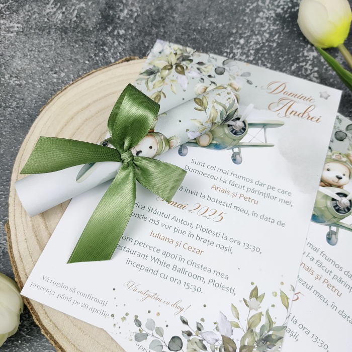 Invitatie botez URSULET AVIATOR  - rulata cu funda, cod: B124 [2]