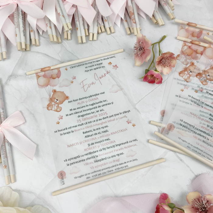Invitatie botez URSULET CU BALOANE, roz, cu betisoare din lemn, - cod: B118 [3]