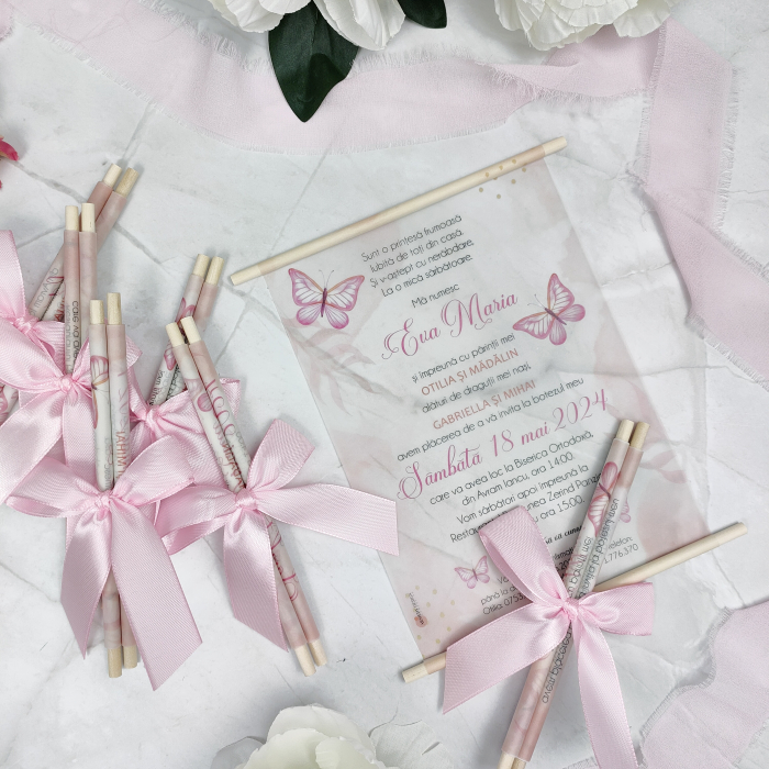 Invitatie botez FLUTURASI, cu betisoare- cod: B114 [2]