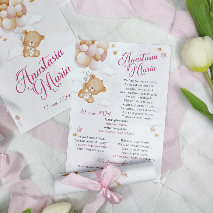 Invitatie de botez URSULET CU BALOANE ROZ, fetita, cu funda - cod: B116 [4]