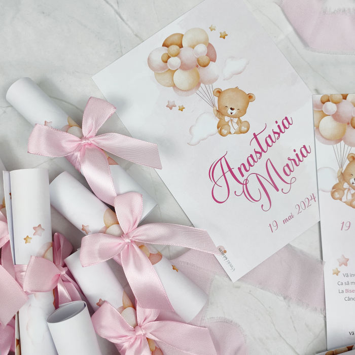 Invitatie de botez URSULET CU BALOANE ROZ, fetita, cu funda - cod: B116 [2]