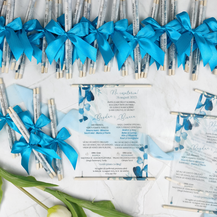 Invitatie nunta BLUE FLOWERS - cu betisoare din lemn, cod: N151 [2]