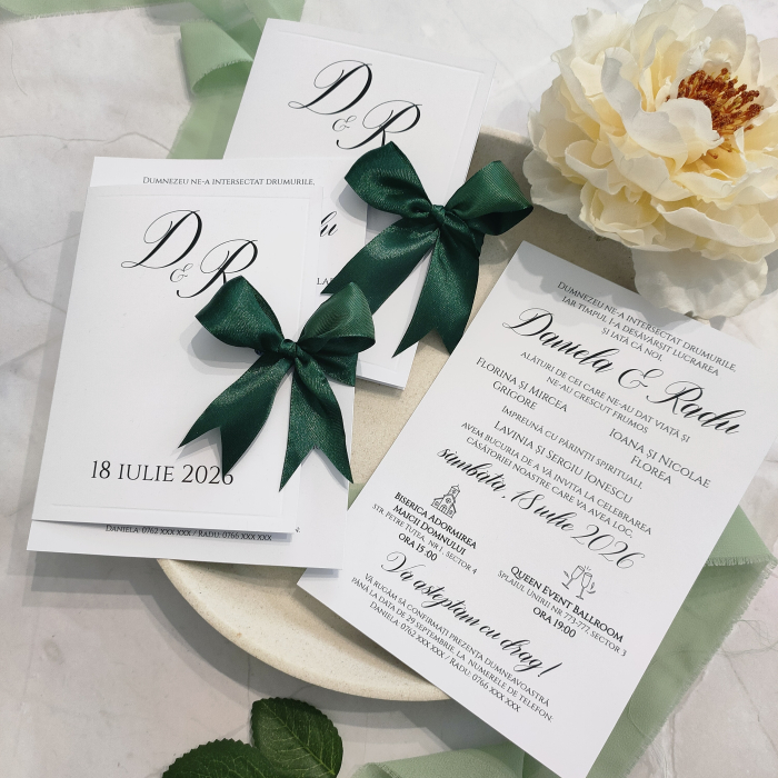 Invitatie nunta Minimalista, cu funda Verde Smarald- cod: N176 [2]
