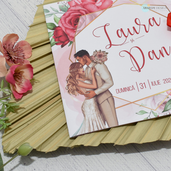 Invitatie nunta TRANDAFIRI ROSII - CU MIRI, tip felicitare, cu funda - cod: N145 [3]