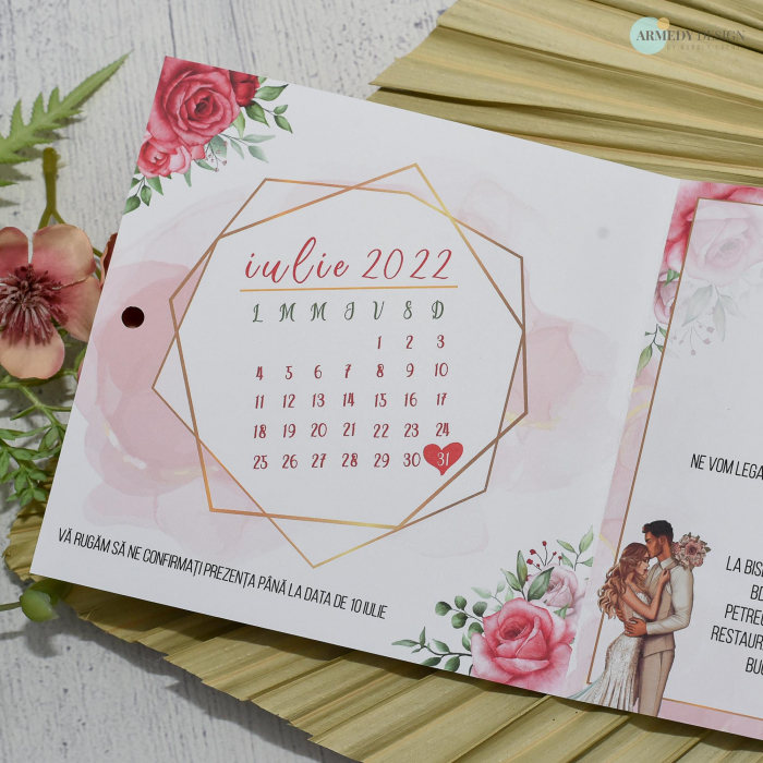 Invitatie nunta TRANDAFIRI ROSII - CU MIRI, tip felicitare, cu funda - cod: N145 [2]