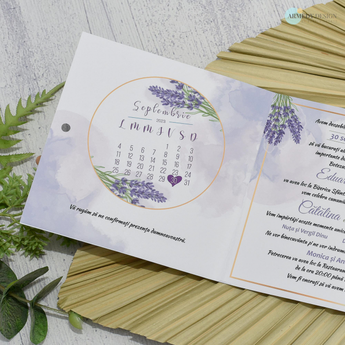 Invitatie nunta LAVANDA, cu miri - tip felicitare - legata cu funda, cod: N154 [4]