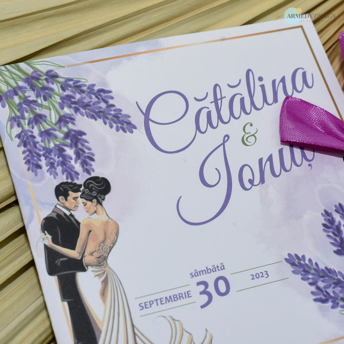 Invitatie nunta LAVANDA, cu miri - tip felicitare - legata cu funda, cod: N154 [2]