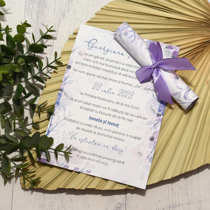 Invitatie nunta FLORI MOV, cu funda - cod: N108 [4]