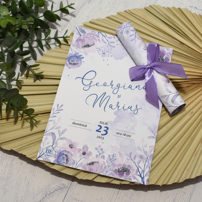 Invitatie nunta FLORI MOV, cu funda - cod: N108 [2]